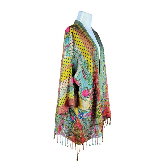 ANU Artisan Boho Wool Patchwork Kimono Jacket Coat Fringe Tassel S/M Festival - Picture 6 of 9